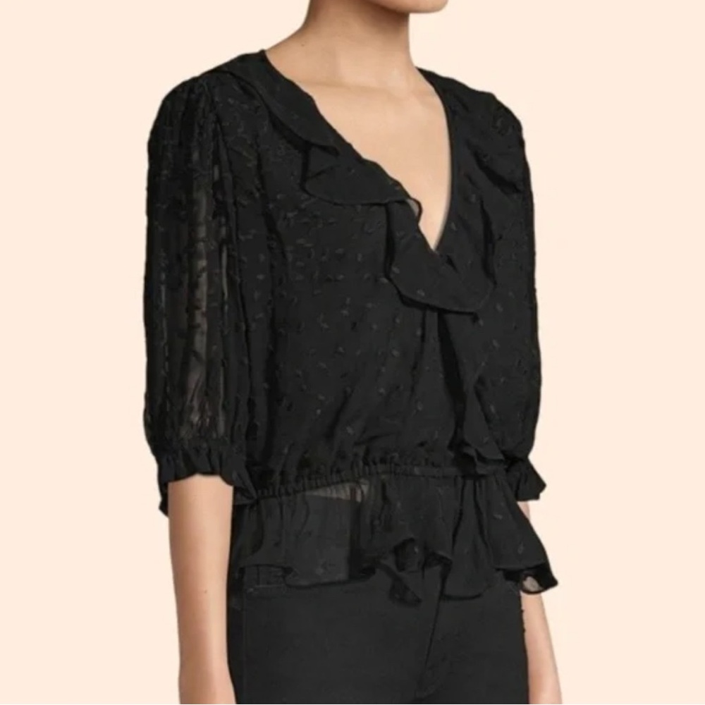 The Kooples Black V Neck Ruffle Sheer Blouse Size 0